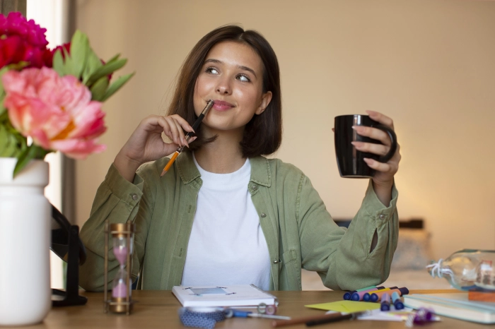 FEMME AU BUREAU QUI RÉFLÉCHIT