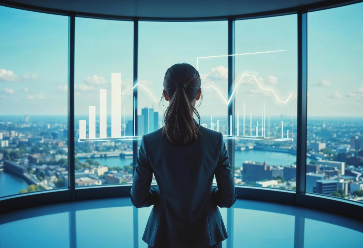 FEMME REGARDANT HORIZON PAR LA FENÊTRE DANS BUILDING