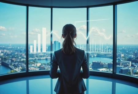 FEMME REGARDANT HORIZON PAR LA FENÊTRE DANS BUILDING