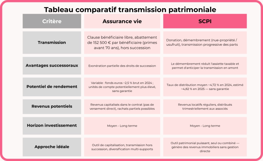 TABLEAU COMPARATIF TRANSMISSION PATRIMONIALE SCPI VS ASSURANCE VIE